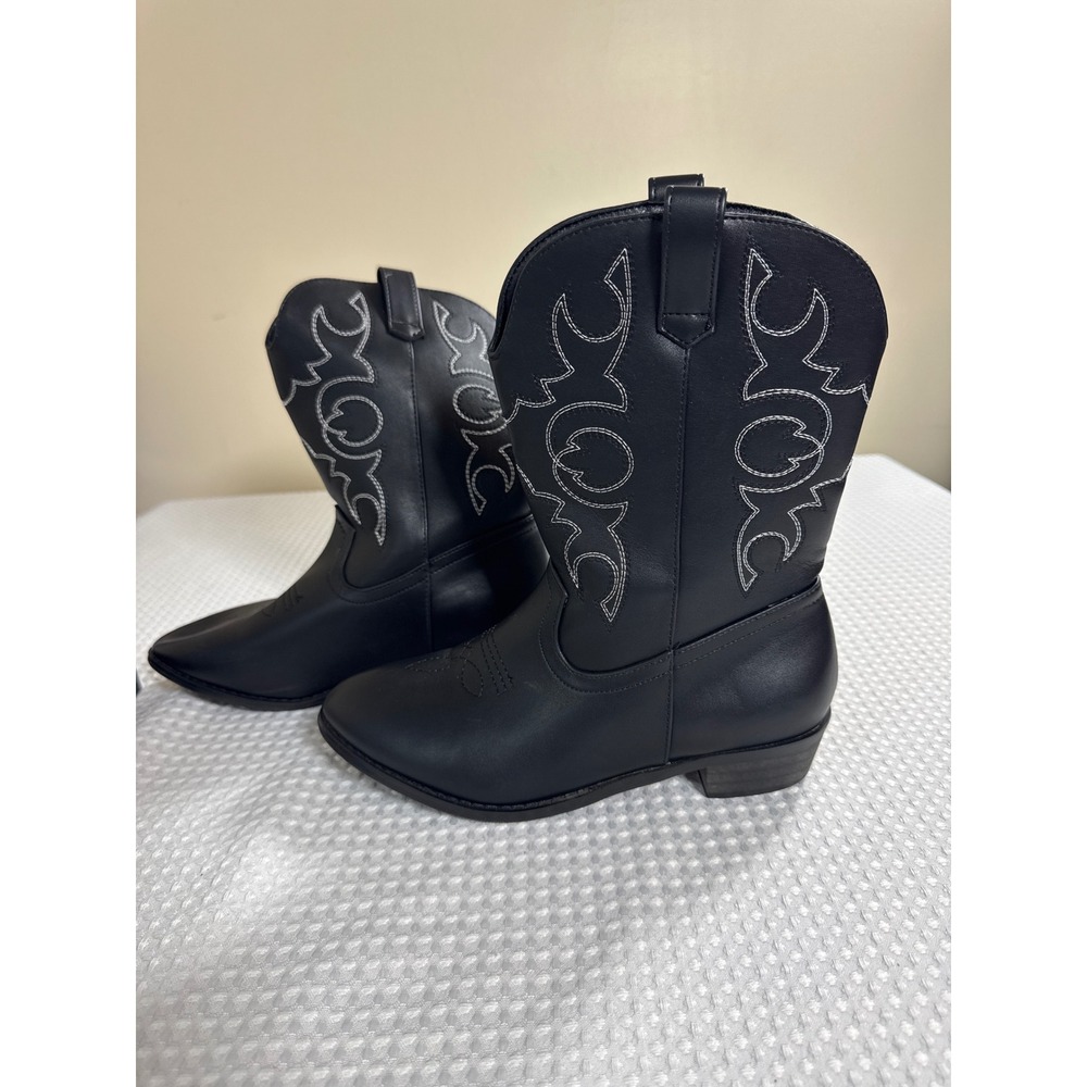 RLW Western Cowboy Boots Women Size 5 Pointed Toe Black Contrast Stitch EUC
